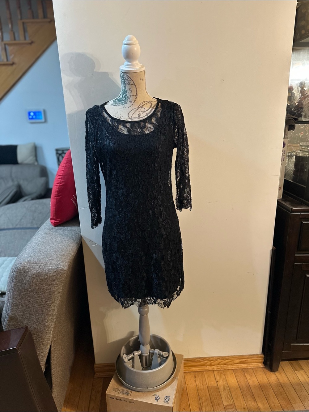 Black Lace Mini Dress with Three-Quarter Sleeves